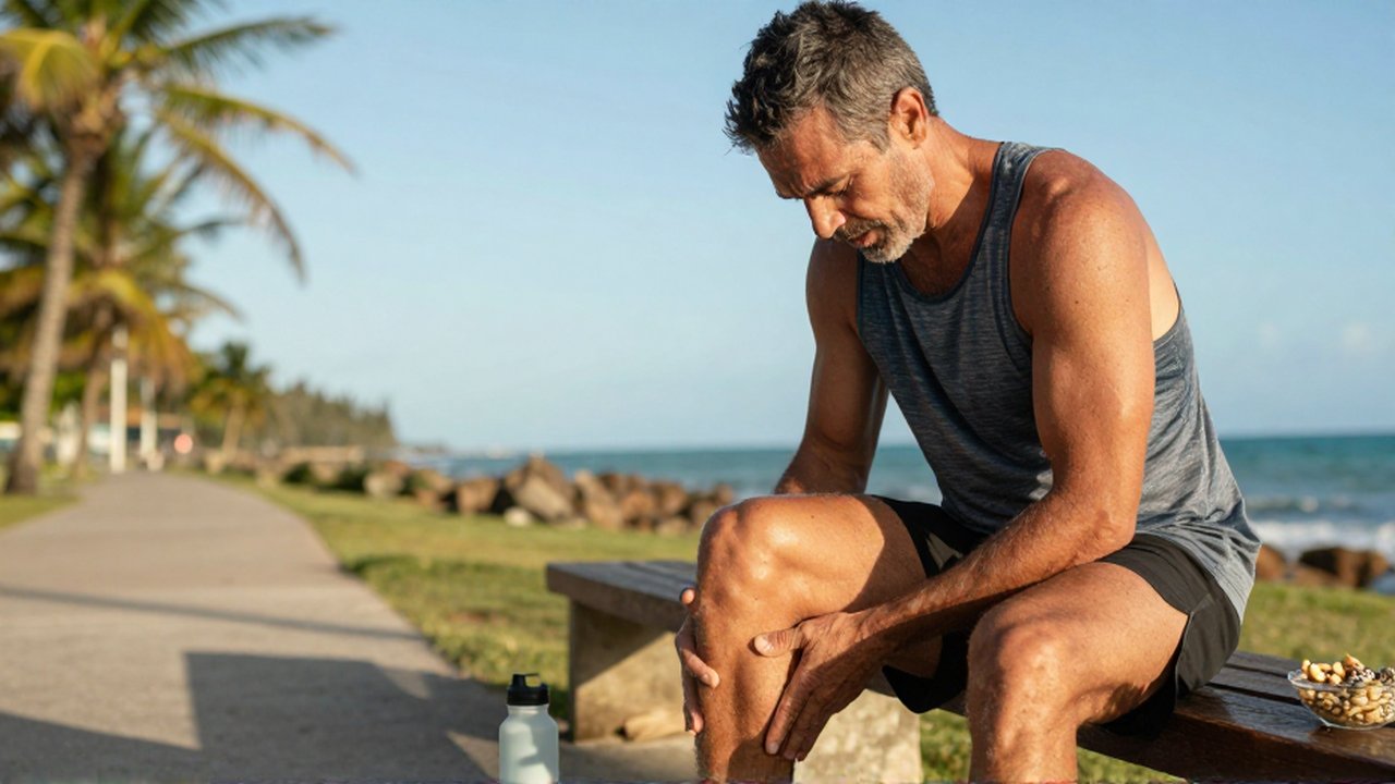 A middle-aged runner massages a calf muscle on a tropical coastal path beside snacks and water.