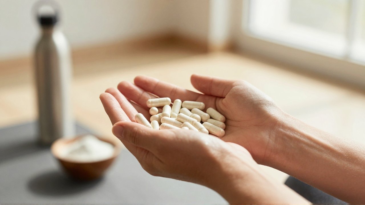 An athletic person's hands hold magnesium capsules and a wooden bowl of powder in a sunlit fitness setting.