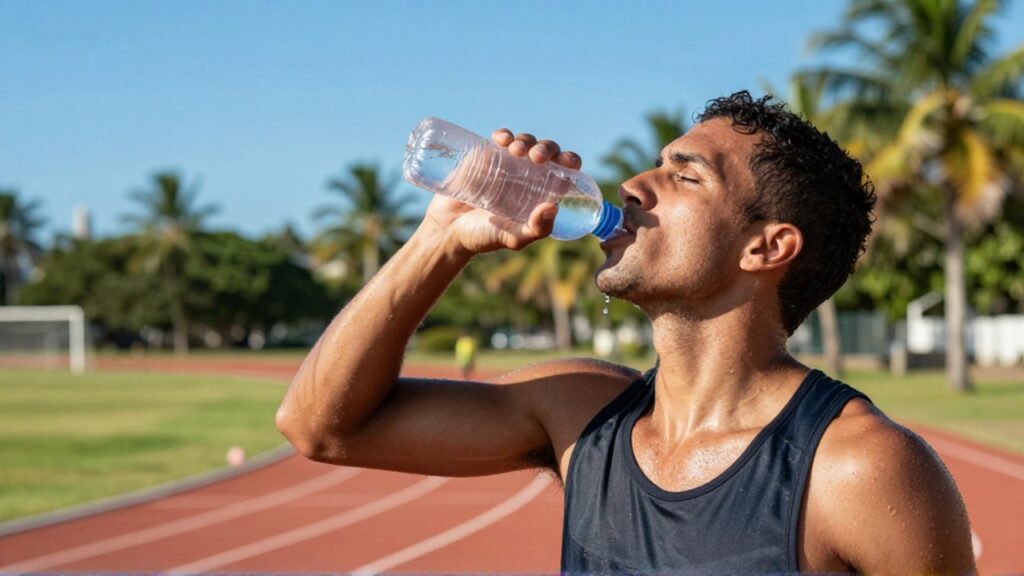 A sweaty athlete drinks from a water bottle while resting on a bright outdoor running track.