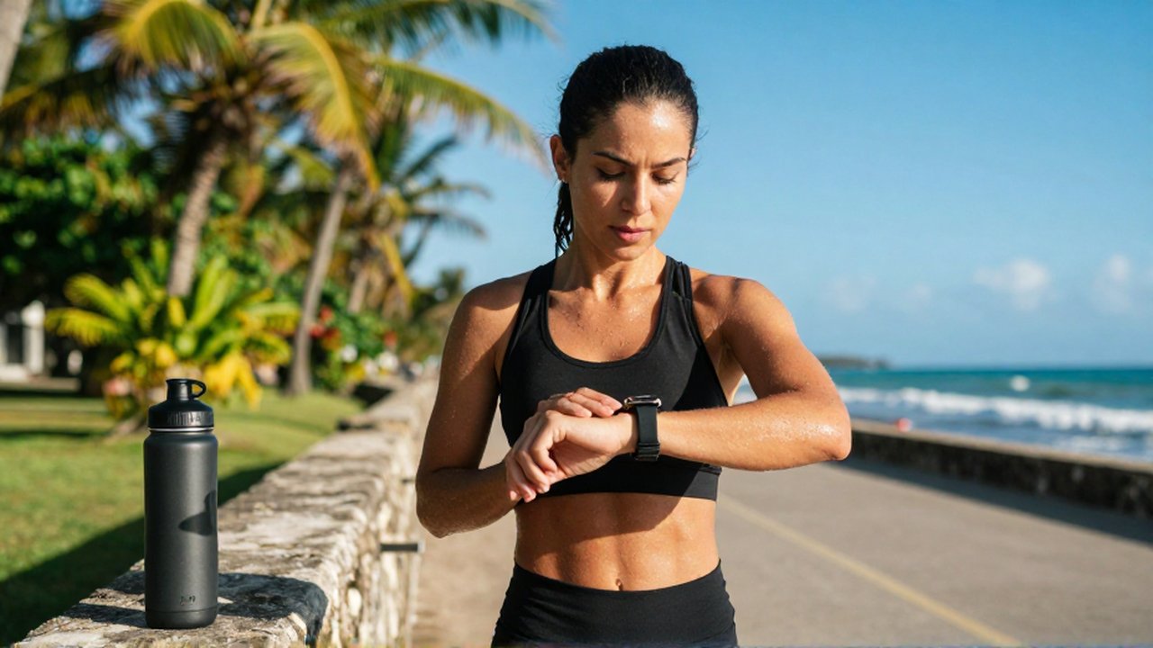A sweaty female athlete checks her wristwatch while pausing for a break on a tropical coastal path.