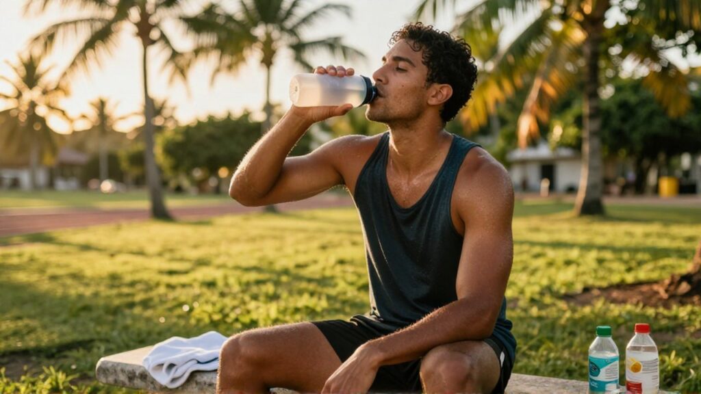 A sweaty athlete sits on a stone bench in a tropical park
