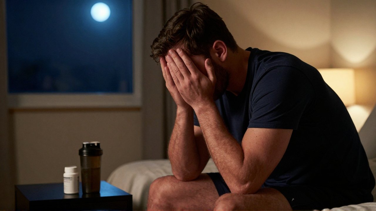A fatigued athlete sits on a bed in a dimly lit room, resting their head in their hands.