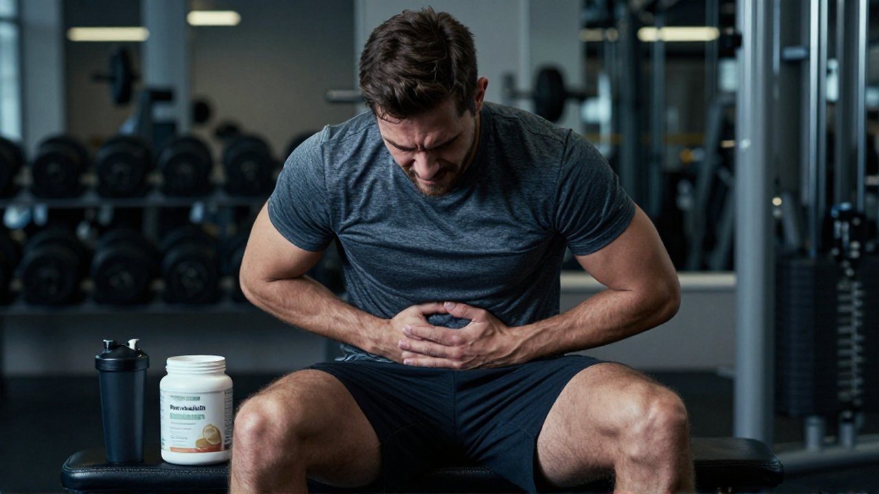 A distressed male athlete sits on a gym bench clutching his stomach near pre-workout supplements.