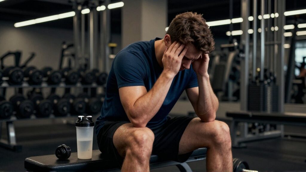 An exhausted young male athlete sits on a gym bench with his head in his hands near supplement containers.
