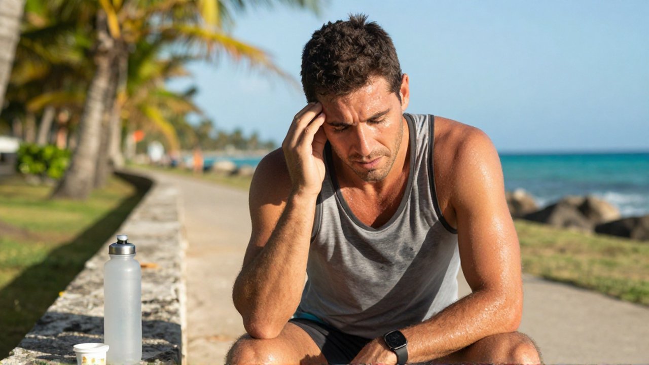 A sweating male runner rests on a sunny tropical coastal path near water and electrolytes.