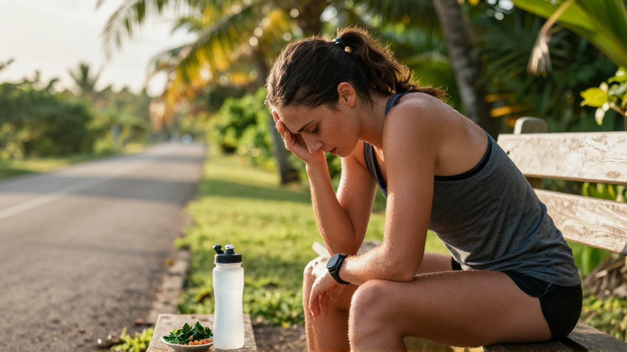 A fatigued female runner sits on a wooden bench along a tropical path, resting beside water and food.