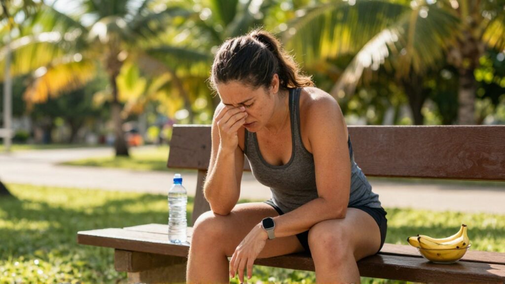 A fatigued female runner rests on a park bench next to water and sliced bananas.