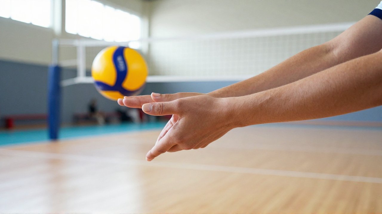 Close-up of a volleyball player's interlaced hands and forearms forming a platform for a pass.