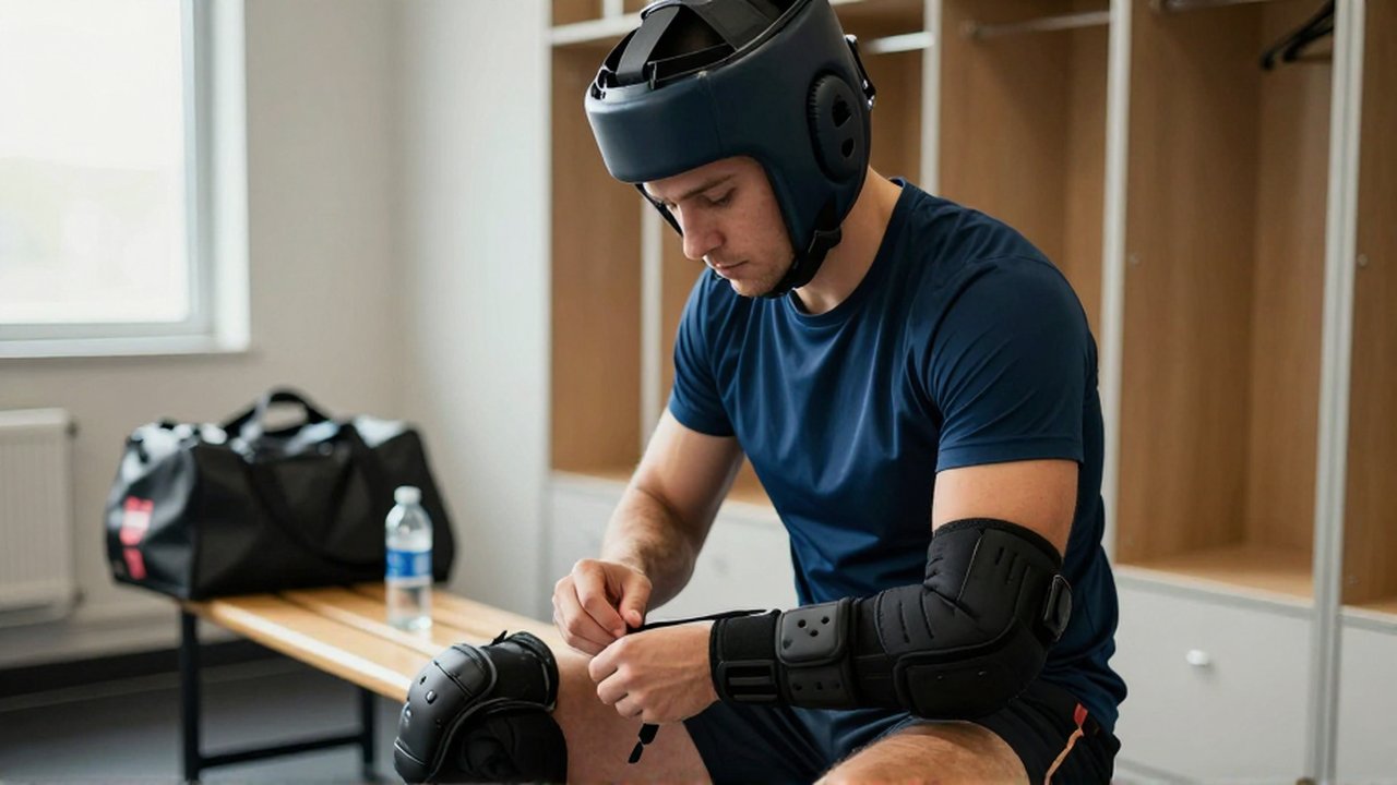 A focused athlete sits in a sunlit locker room, tightening protective headgear and elbow guards.