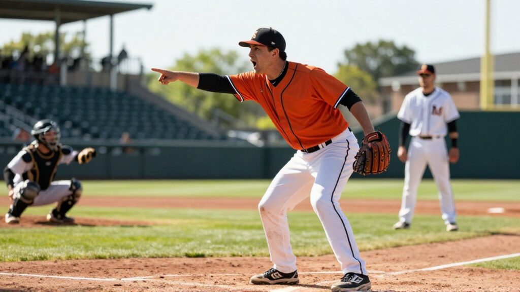 A focused shortstop in a white uniform shouts directions and points toward a runner on a sun-drenched baseball field.