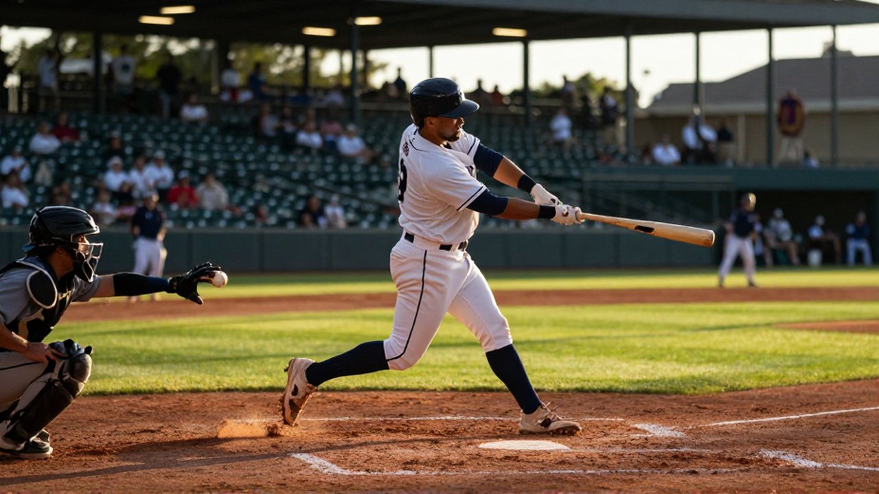 A baseball player in a white and navy uniform sprints toward home plate on a sun-drenched field.