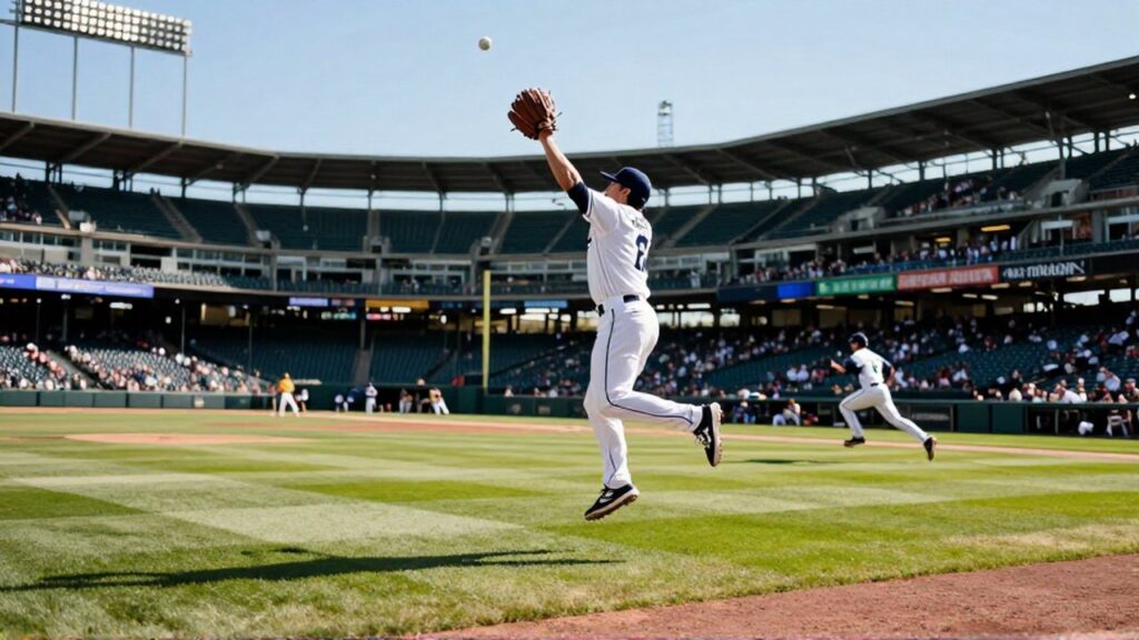 A baseball outfielder leaps toward the outfield fence to catch a ball as a runner sprints home.