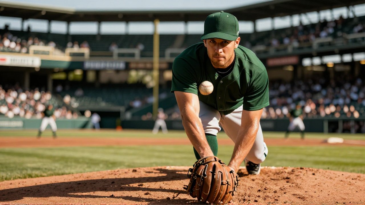 A focused baseball pitcher grips a ball mid-motion on a sunlit stadium mound.