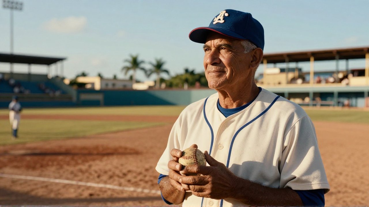 An aging baseball pitcher stands on a sun-drenched dirt mound, holding a scuffed baseball.