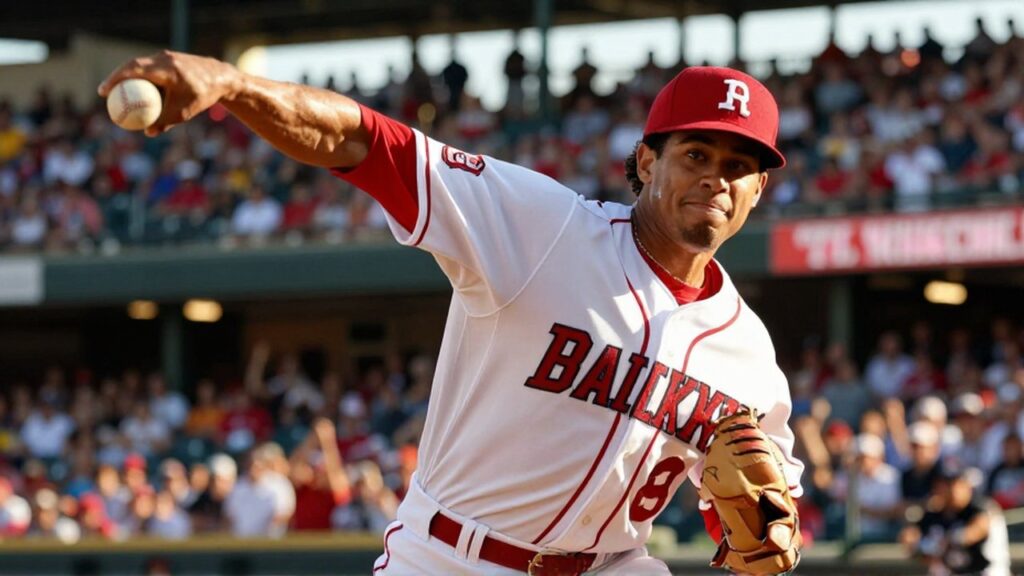 A focused Dominican baseball pitcher in a red and white uniform prepares to throw during a sunny game.