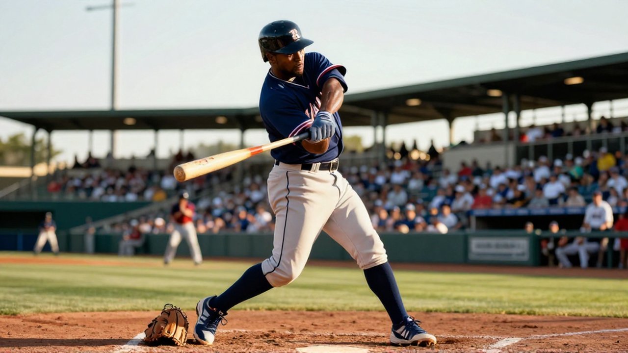 A muscular Dominican baseball player in a powerful batting stance during a sun-drenched professional game.