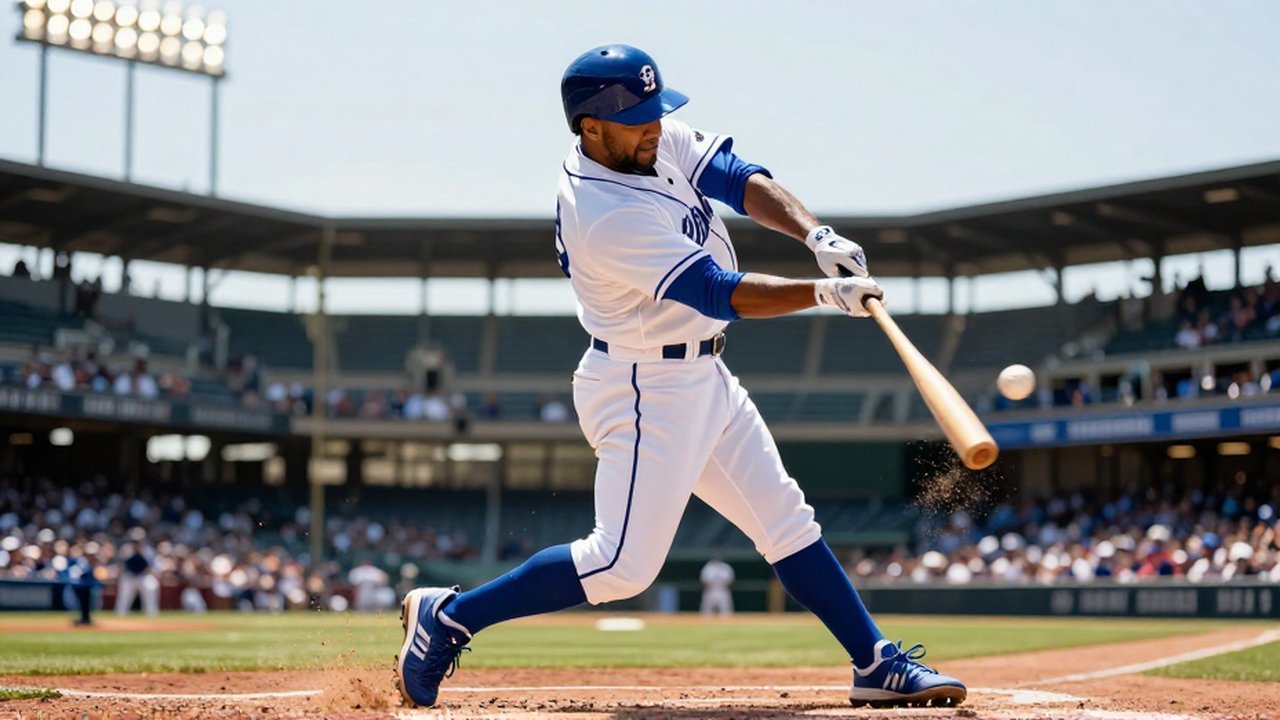 A baseball player in a white and blue uniform swings a wooden bat at home plate.