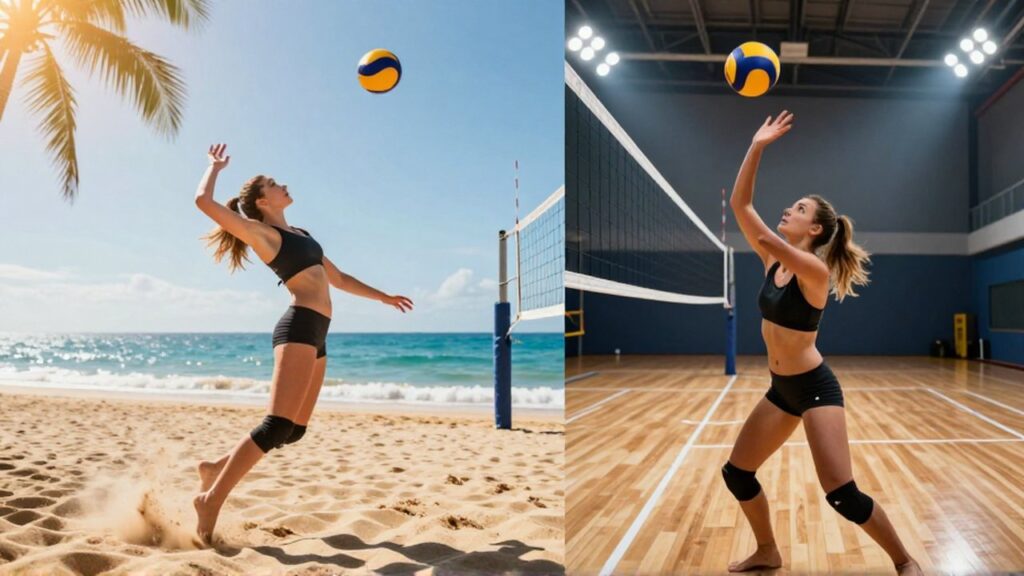 A split-screen composition shows a female athlete performing a beach spike and an indoor volleyball set.