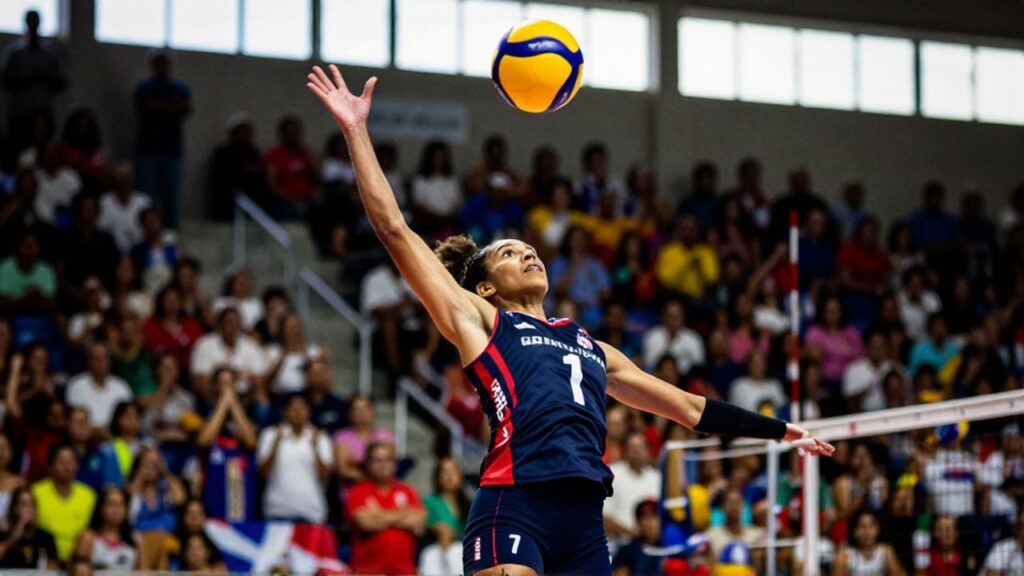 A female Dominican volleyball player leaps to spike a ball in a sun-drenched arena.
