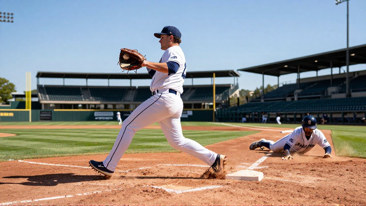 A baseball infielder in a white and navy uniform catches a ball while stepping on second base.