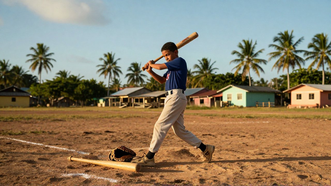 A young boy practices baseball swings in a dusty field near a colorful Caribbean village.