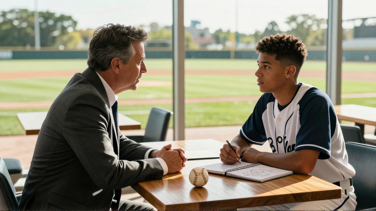 A mentor in a charcoal suit leans forward to talk with a young baseball player in a bright academy lounge.