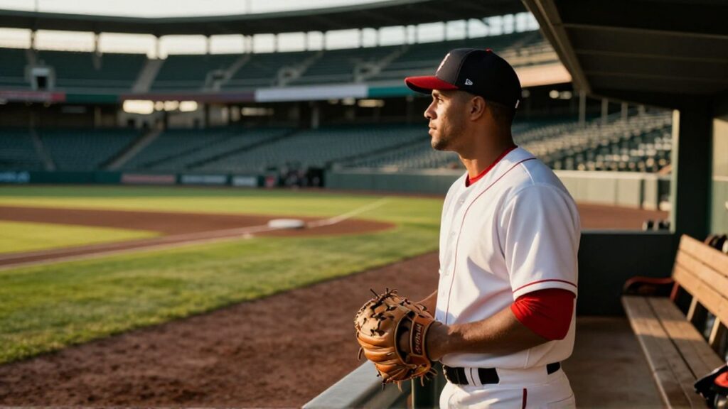 A baseball player in a white and red uniform sits in a dugout