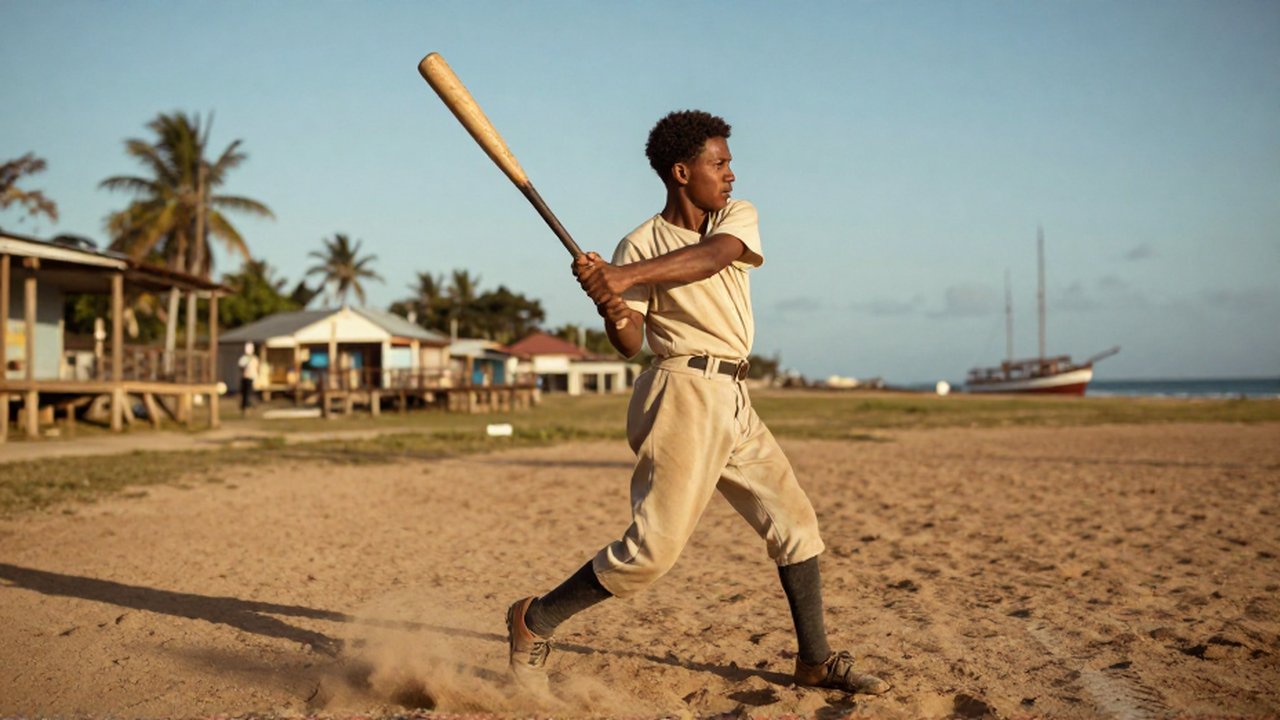 A young baseball player swings a wooden bat on a dusty field near seaside docks.