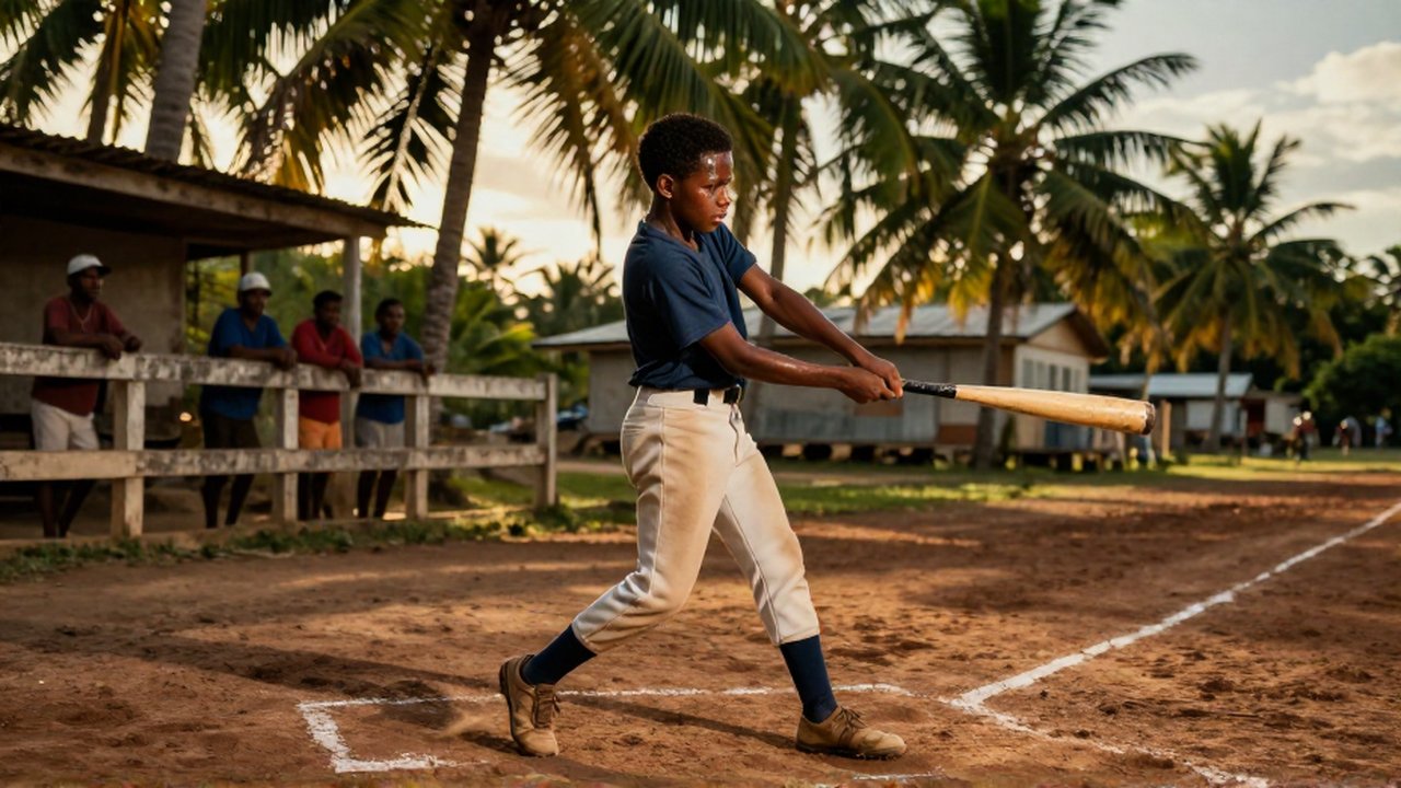 A young baseball player practices his swing with a wooden bat on a dusty rural field.