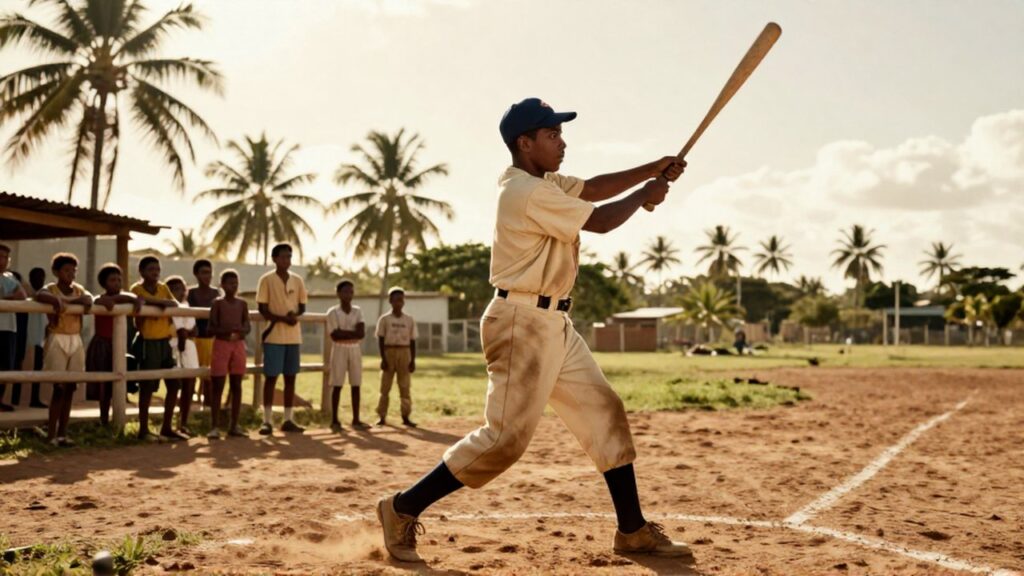 A young man in vintage athletic gear practices baseball swings on a dusty tropical field.