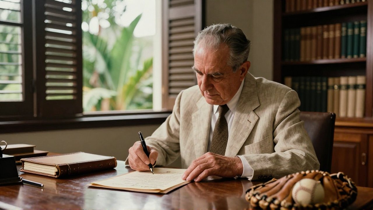 An elderly man in a linen suit signs an official document at a mahogany desk next to a baseball glove.