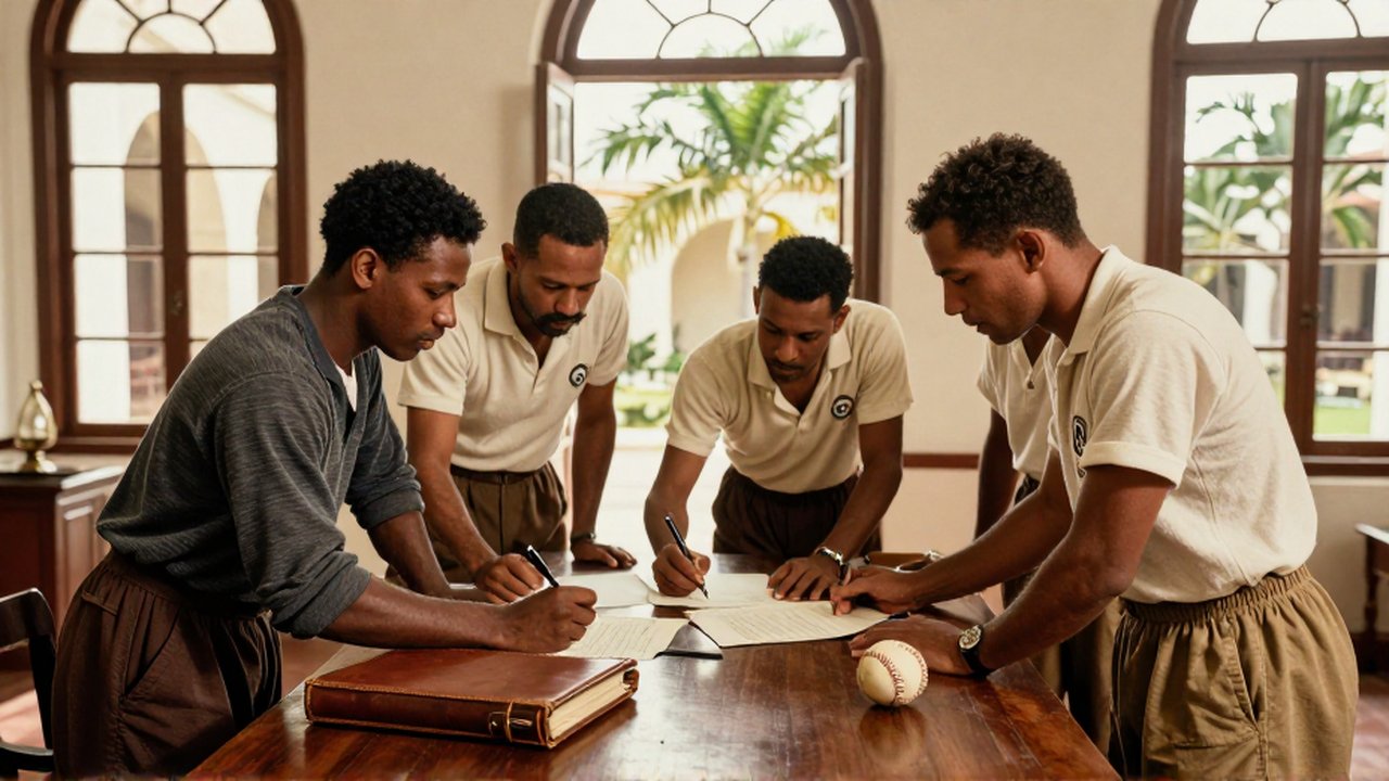 Dominican athletes in early 20th-century attire gather around a wooden table to sign official documents.