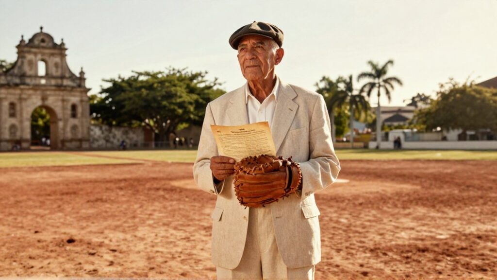 An elderly man in a linen suit holds a baseball glove and a document in a sunlit colonial plaza.