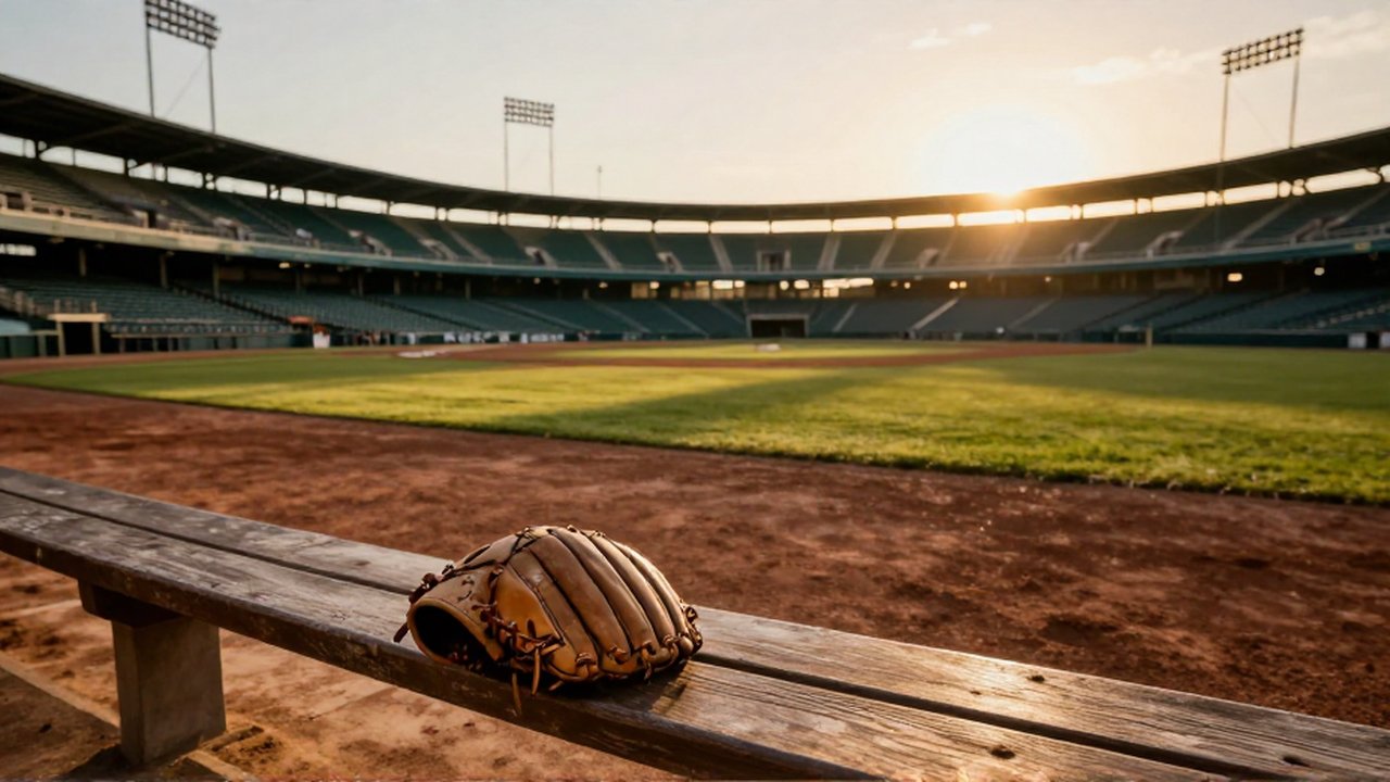 A weathered leather baseball glove sits on a wooden bench overlooking an empty, sunlit stadium field.