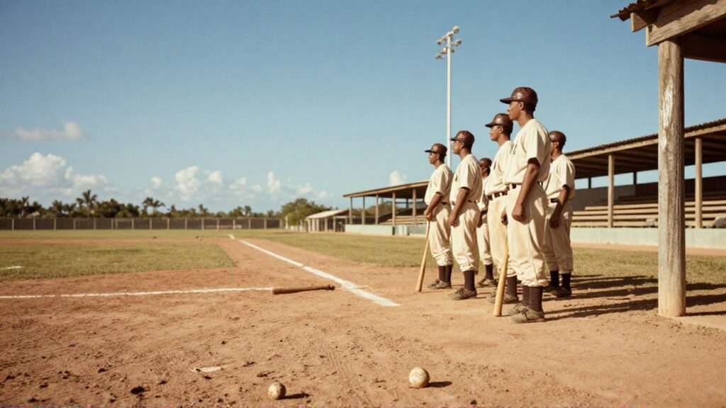 Baseball players in vintage cream uniforms stand on a dusty field near a wooden grandstand.