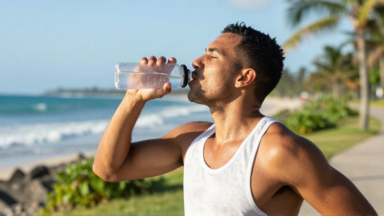 An athletic runner pauses on a sunny coastal path to drink from a reusable water bottle.