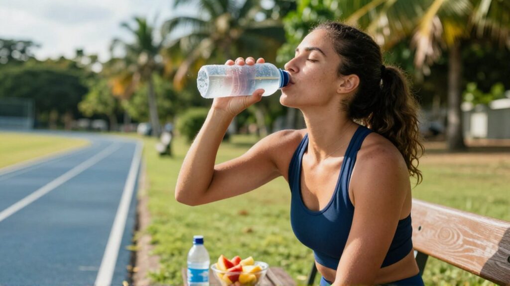 A female athlete rehydrates with a water bottle while sitting on a bench by an outdoor running track.