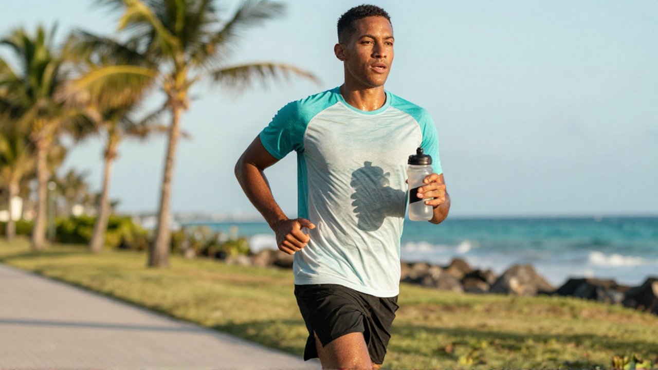 A sweating athlete sprints along a tropical coastal path while holding a water bottle.