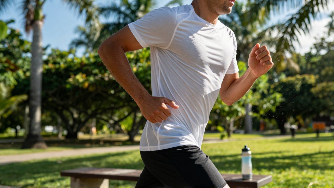 A professional athlete runs through a sun-drenched tropical park wearing moisture-wicking athletic gear.