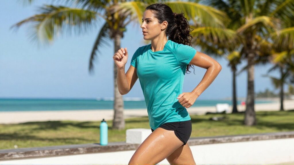 A female runner sprints along a sunny tropical coastal path lined with palm trees.